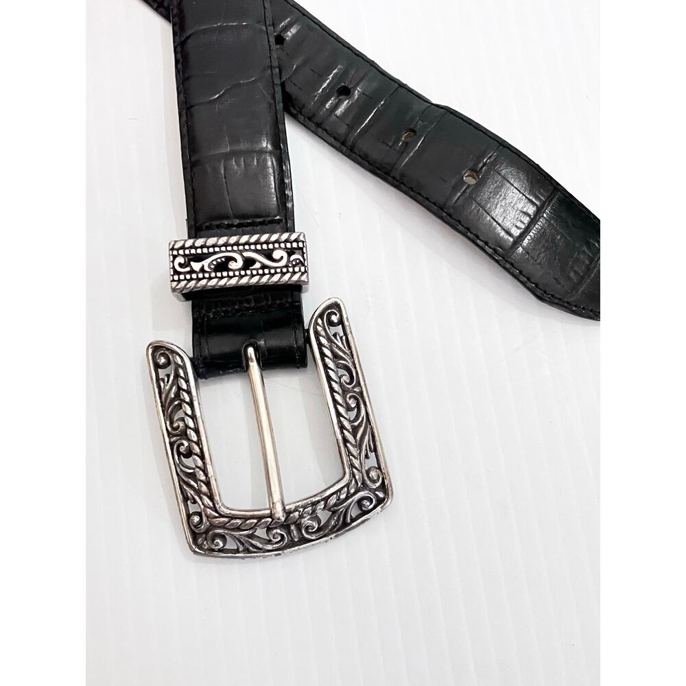 Brighton Black Belt Set Of 2 Embossed Black Leather Western Concho Buckle - M, S - Picture 5 of 6